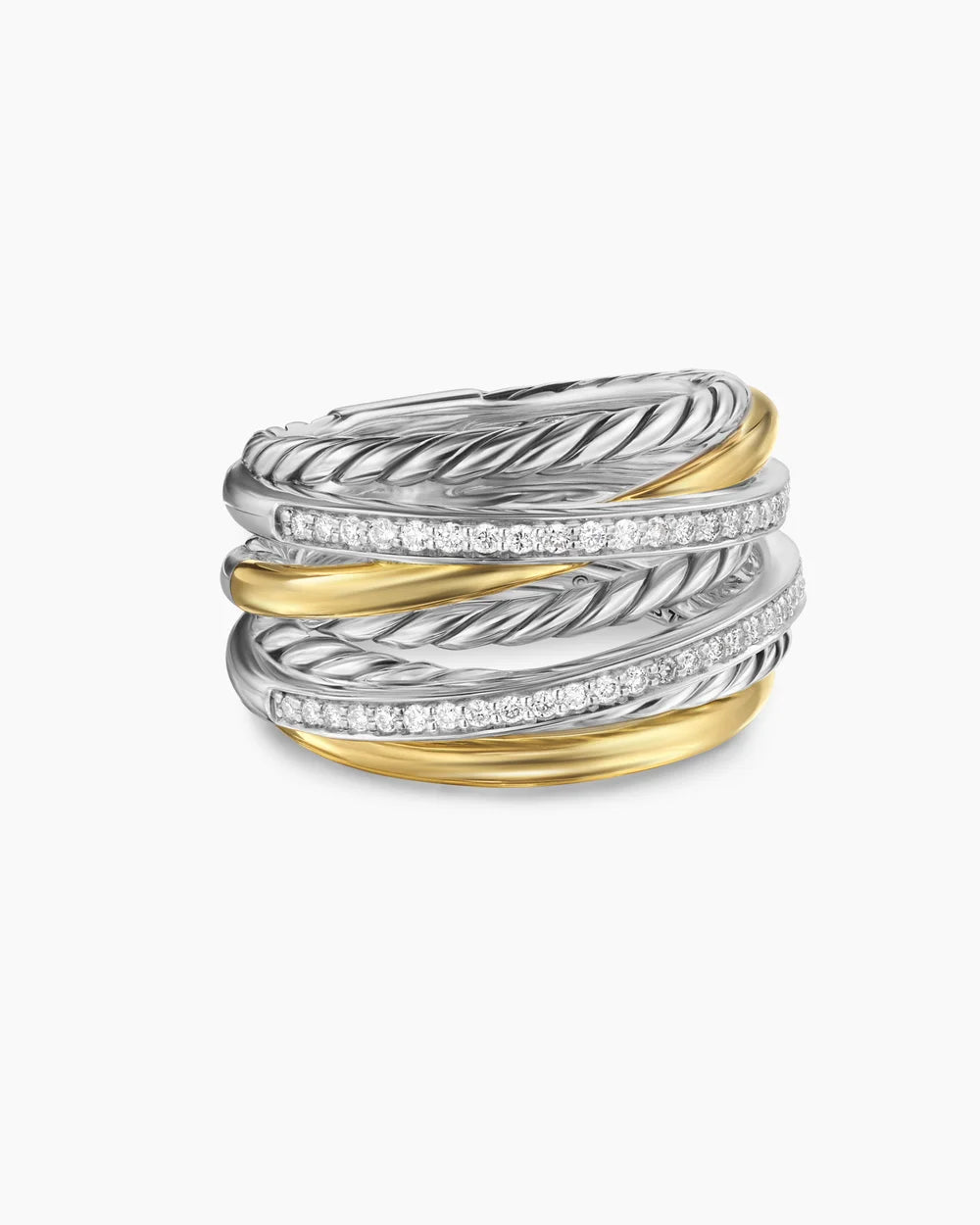 CROSSOVER SEVEN ROW RING Sterling Silver with 18K Yellow Gold and Diamonds, 16mm