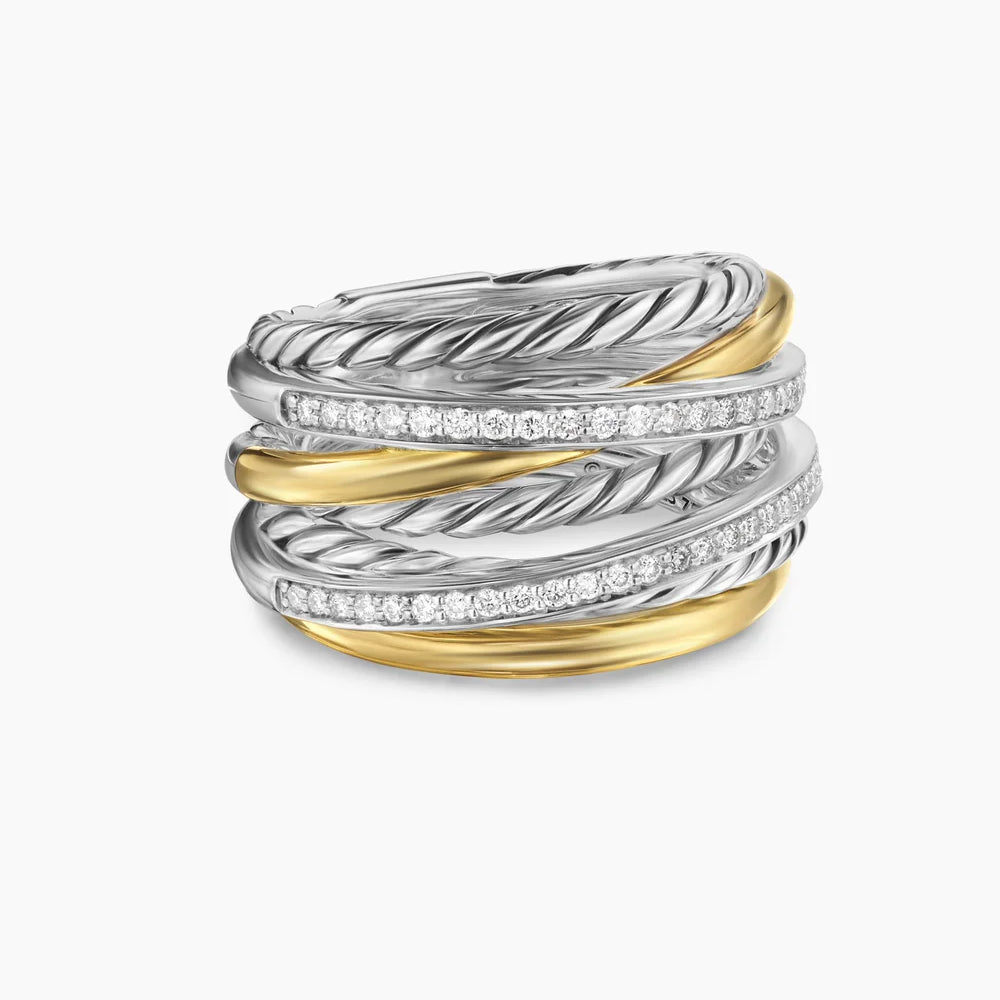 CROSSOVER SEVEN ROW RING Sterling Silver with 18K Yellow Gold and Diamonds, 16mm