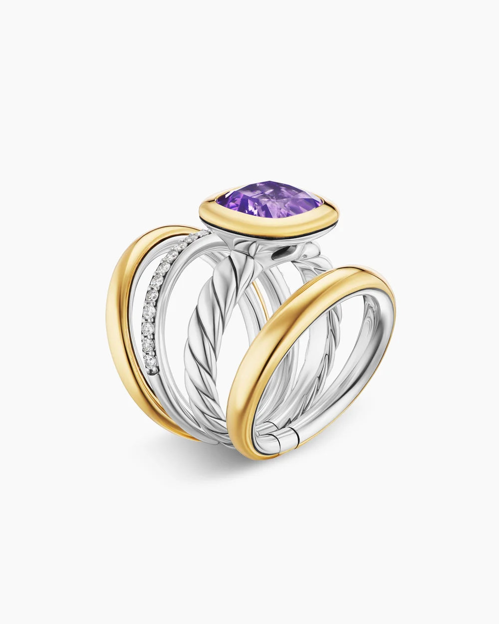 DY MERCER® COLOR FOUR ROW STONE RING Sterling Silver with 18K Yellow Gold, Amethyst and Diamonds, 14mm