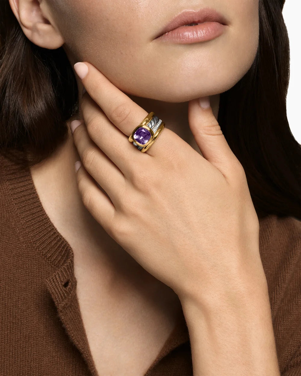 DY MERCER® COLOR FOUR ROW STONE RING Sterling Silver with 18K Yellow Gold, Amethyst and Diamonds, 14mm