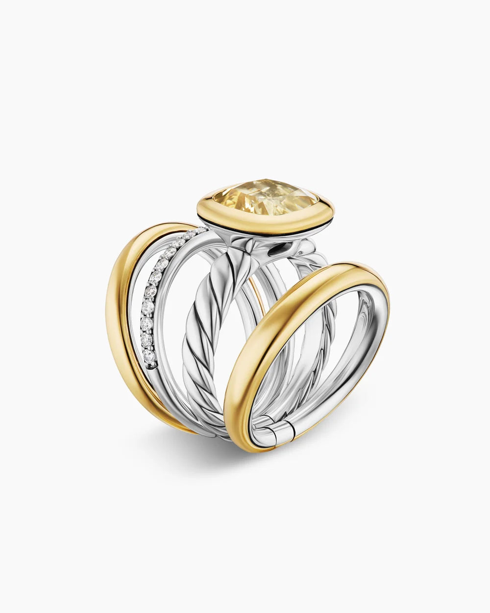 DY MERCER® COLOR FOUR ROW STONE RING Sterling Silver with 18K Yellow Gold, Champagne Citrine and Diamonds, 14mm
