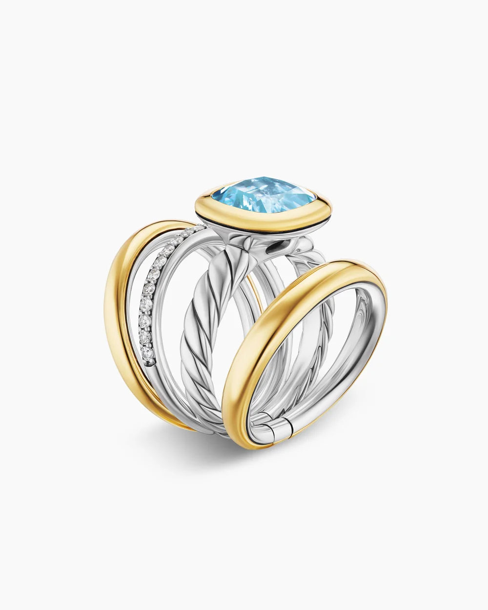 DY MERCER® COLOR FOUR ROW STONE RING Sterling Silver with 18K Yellow Gold, Sky Blue Topaz and Diamonds, 14mm