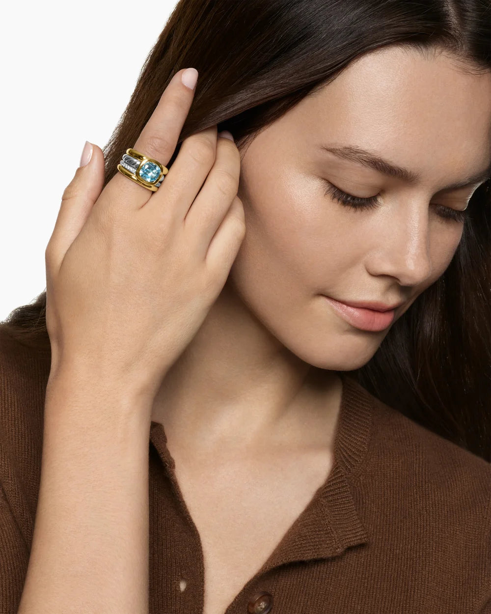 DY MERCER® COLOR FOUR ROW STONE RING Sterling Silver with 18K Yellow Gold, Sky Blue Topaz and Diamonds, 14mm