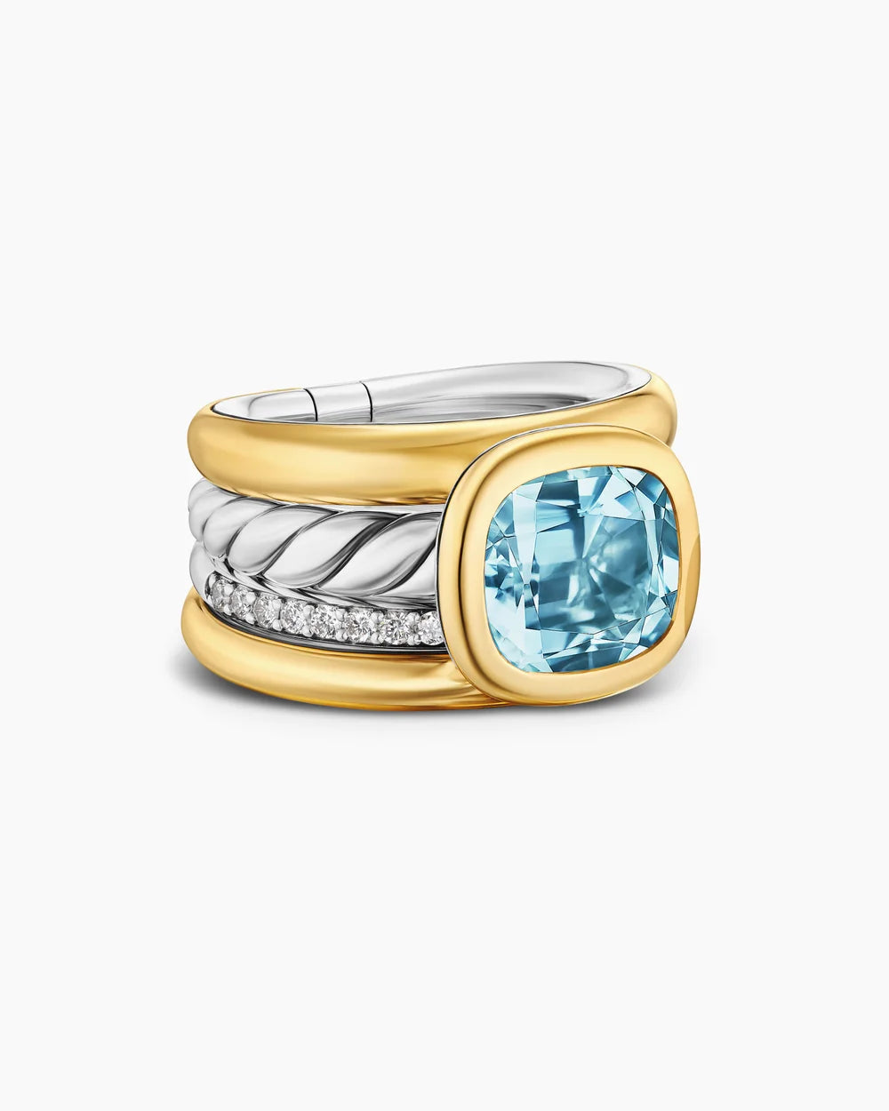 DY MERCER® COLOR FOUR ROW STONE RING Sterling Silver with 18K Yellow Gold, Sky Blue Topaz and Diamonds, 14mm