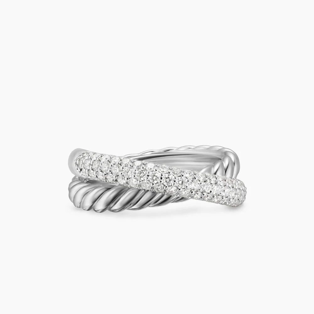 CROSSOVER TWO ROW RING Sterling Silver with Diamonds, 7.4mm