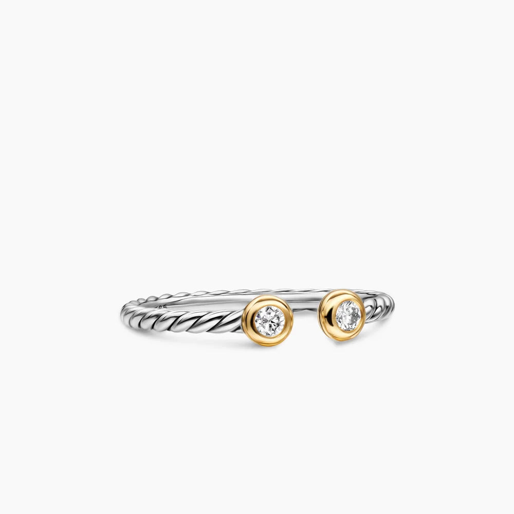 Cable Open Round Ring Sterling Silver with 14K Yellow Gold and Diamonds, 3.9mm