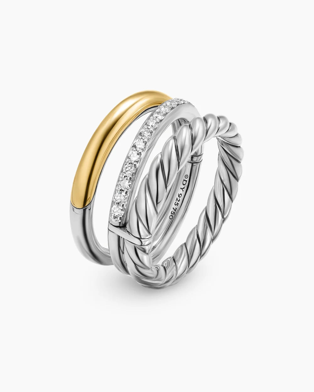 DY MERCER® THREE ROW RING Sterling Silver with 18K Yellow Gold and Diamonds, 8.9mm
