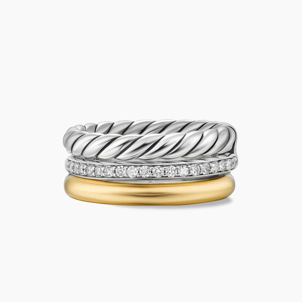 DY MERCER® THREE ROW RING Sterling Silver with 18K Yellow Gold and Diamonds, 8.9mm