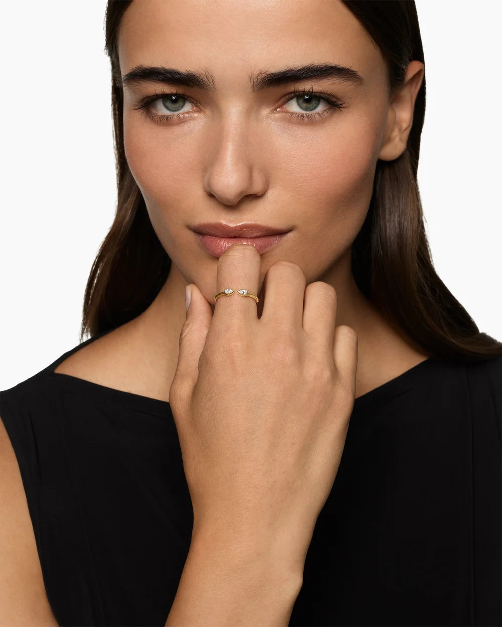 CABLE OPEN PEAR RING 18K Yellow Gold with Diamonds, 1.7mm