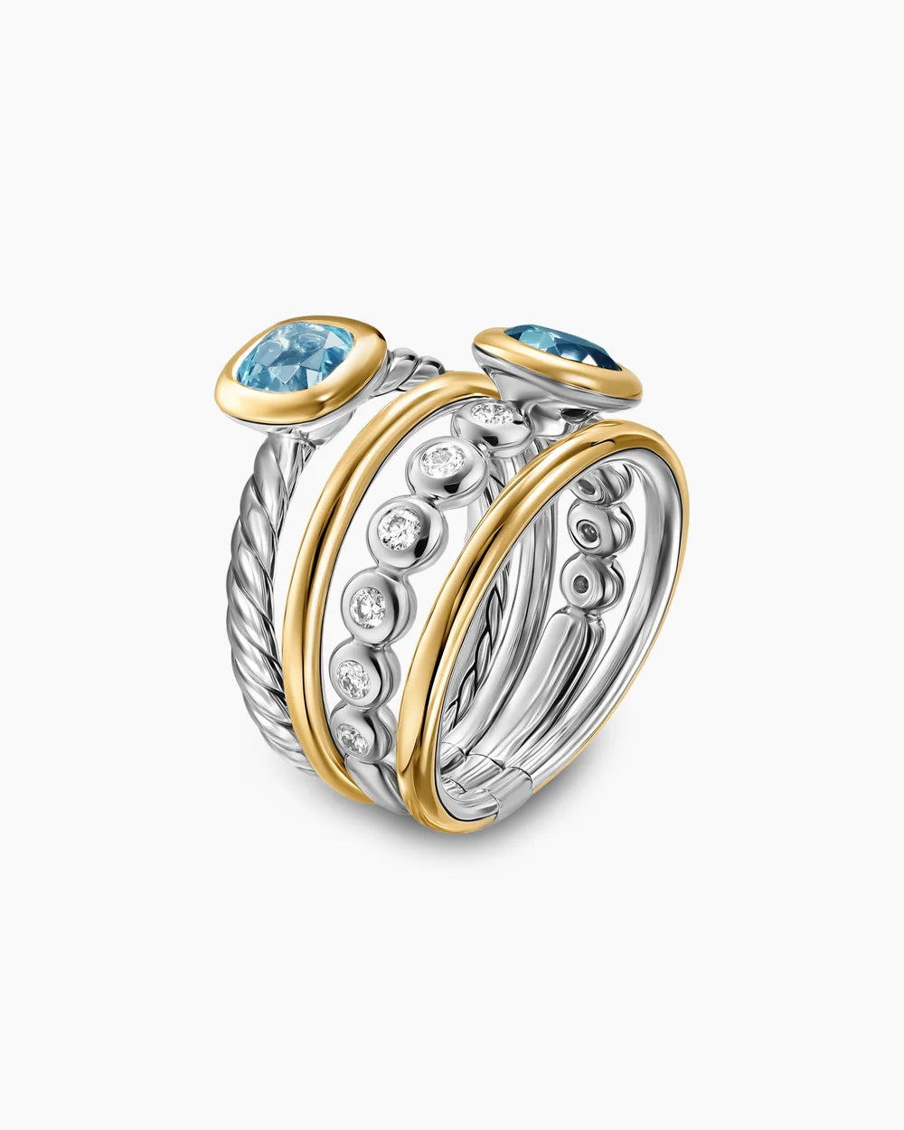 DY MERCER® COLOR STONE MULTI ROW RING Sterling Silver with 18K Yellow Gold, Blue Topaz and Diamonds, 10mm