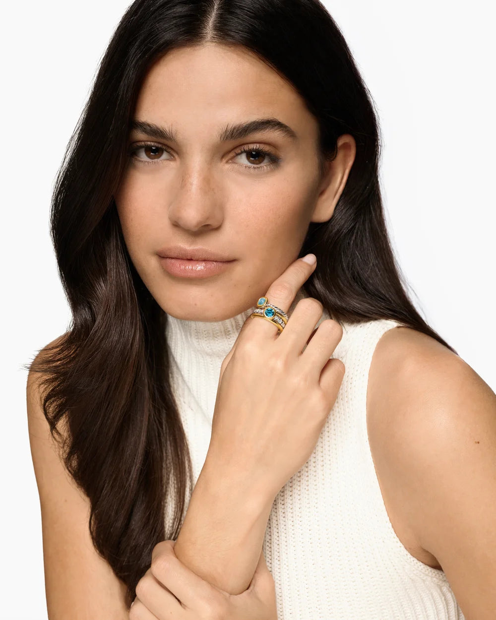 DY MERCER® COLOR STONE MULTI ROW RING Sterling Silver with 18K Yellow Gold, Blue Topaz and Diamonds, 10mm