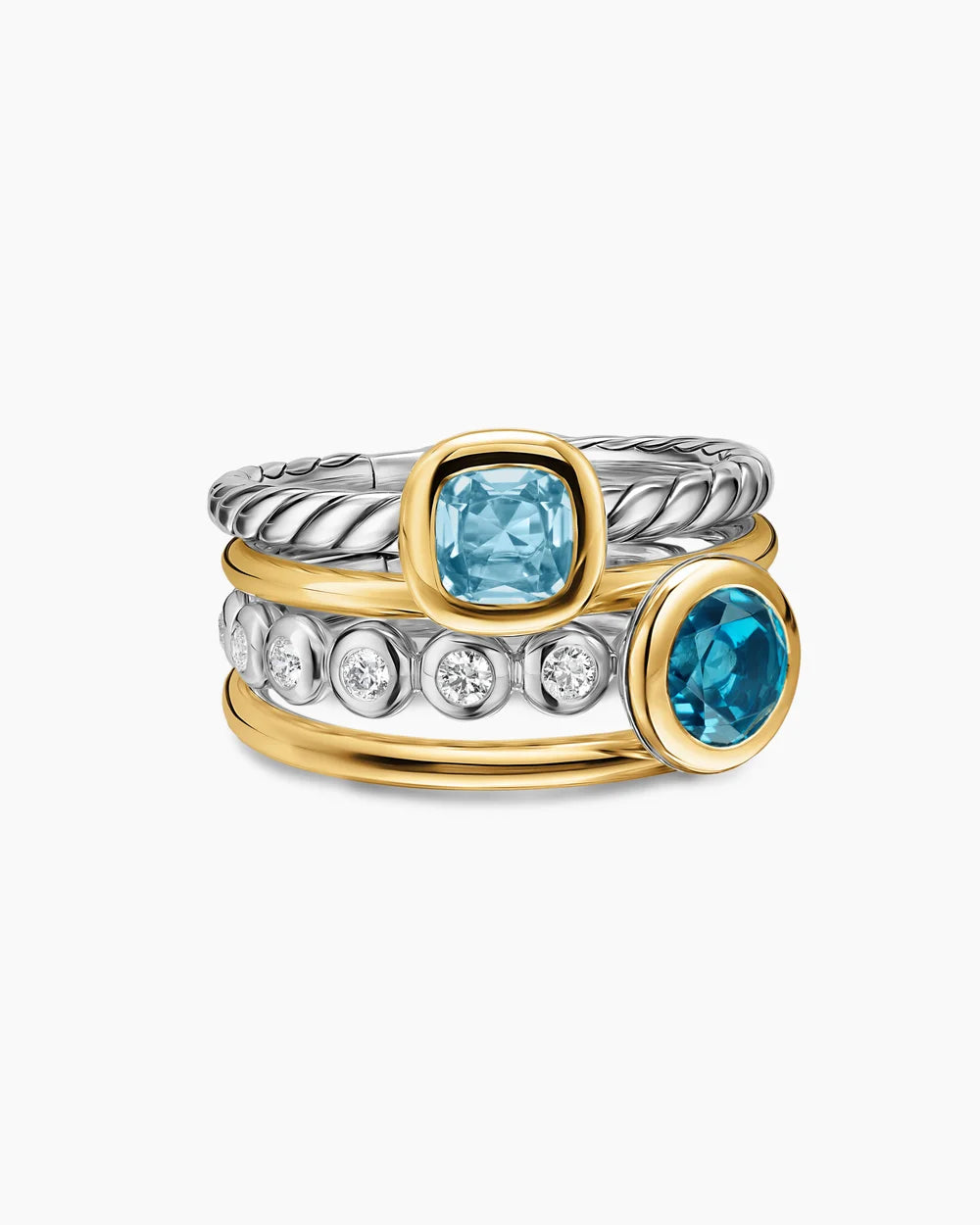 DY MERCER® COLOR STONE MULTI ROW RING Sterling Silver with 18K Yellow Gold, Blue Topaz and Diamonds, 10mm