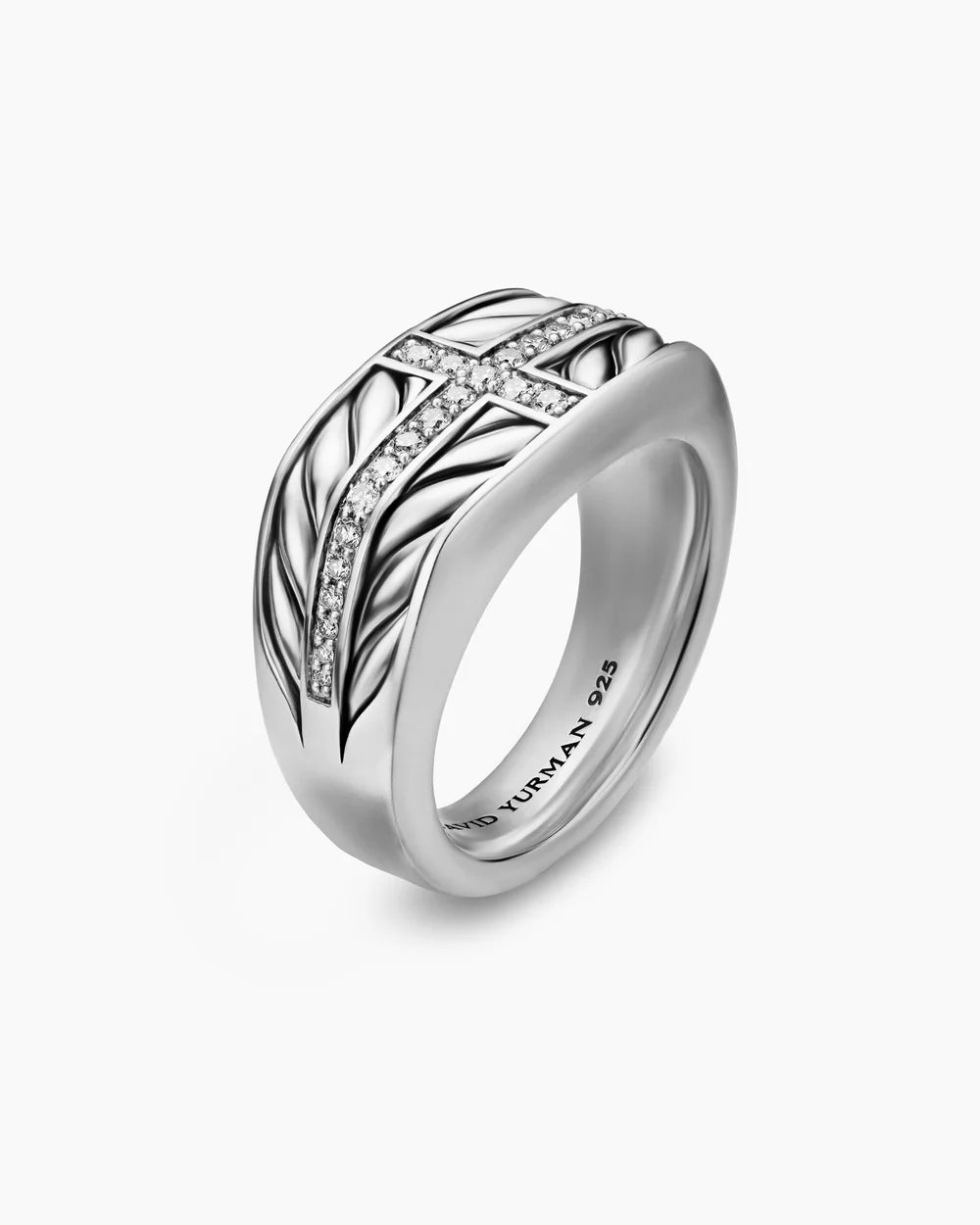 CHEVRON THREE SIDED SIGNET RING Sterling Silver with Diamonds, 12.5mm