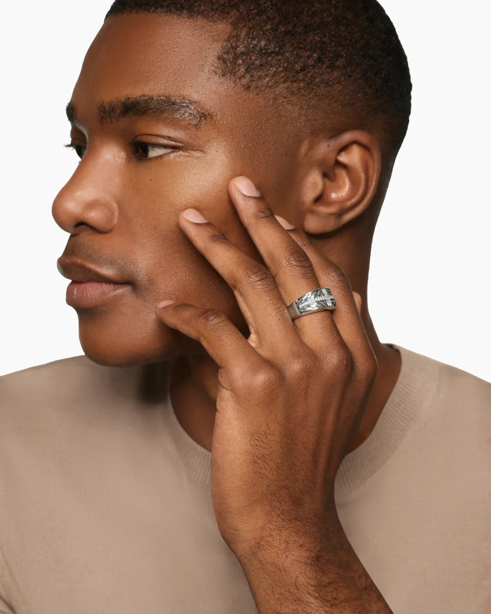 CHEVRON THREE SIDED SIGNET RING Sterling Silver with Diamonds, 12.5mm