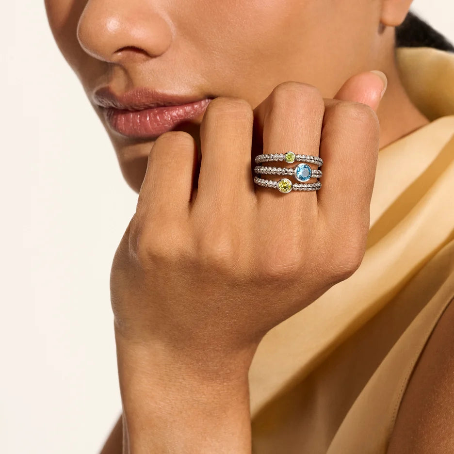 Heishi Gem Ring, Sterling Silver, Swiss Blue Topaz, Lemon Quartz, Peridot