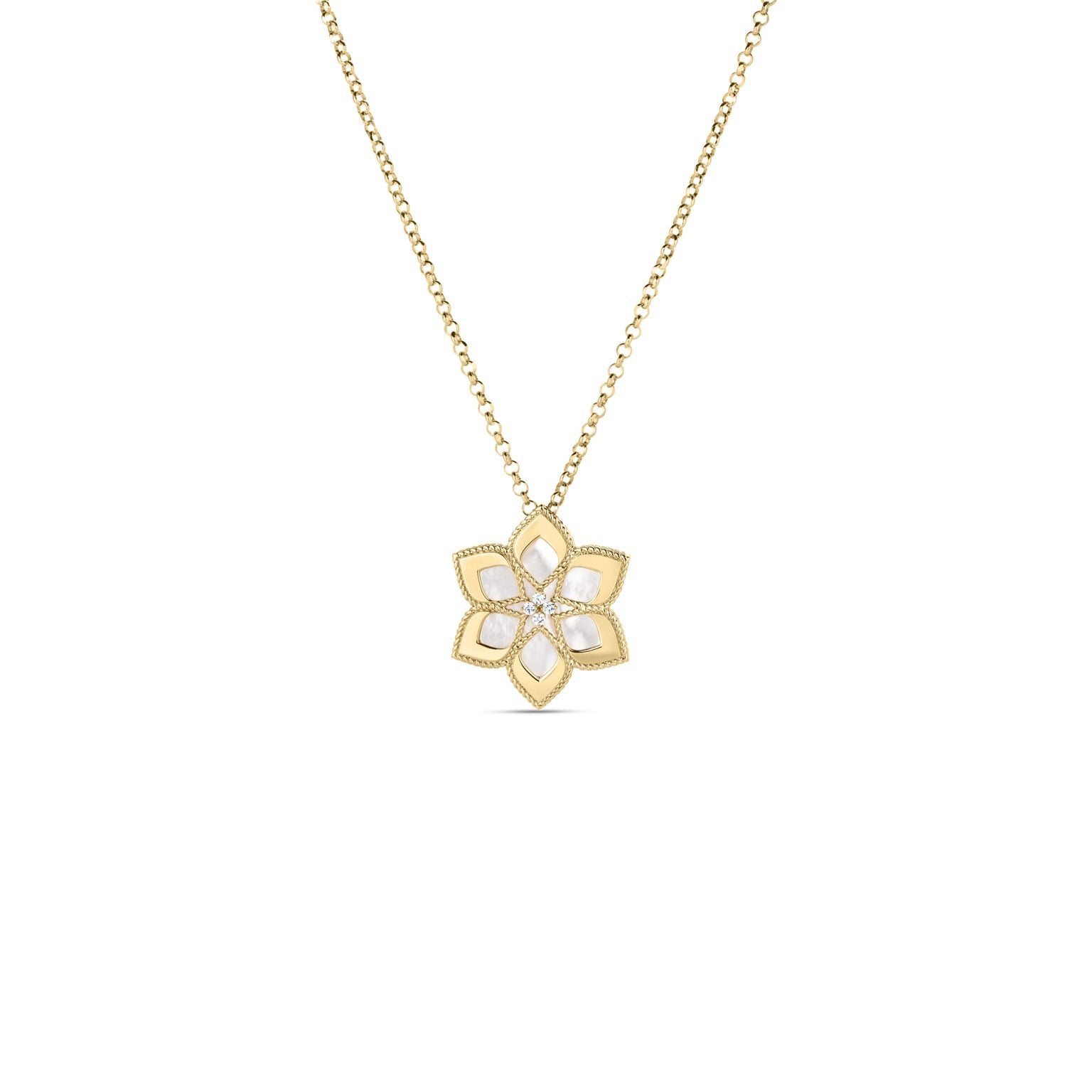 18K Yellow Gold Vernazza Diamond and Mother of Pearl Flower Long Necklace