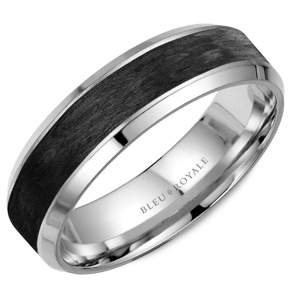 Bleu Royale 6mm Men’s Wedding Band in 14K White Gold with Black Carbon
