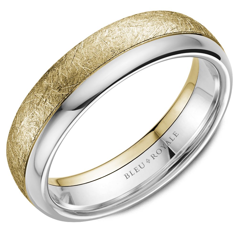 Men’s 6mm Diamond-Brushed Yellow Gold Wedding Band with White Gold Polished Edges – 14K Two-Tone