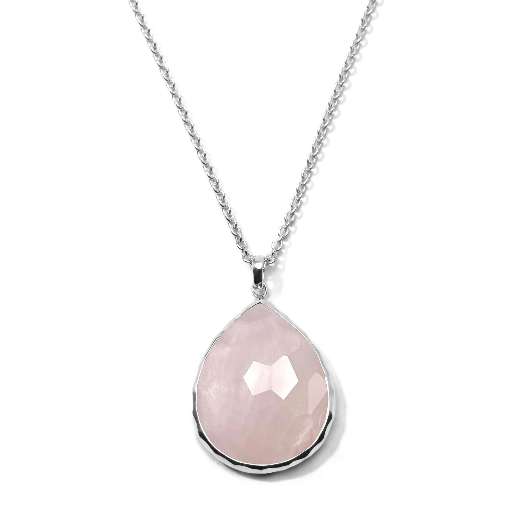 Large Teardrop Pendant Necklace 925 silver in Rose quartz over mop doublet