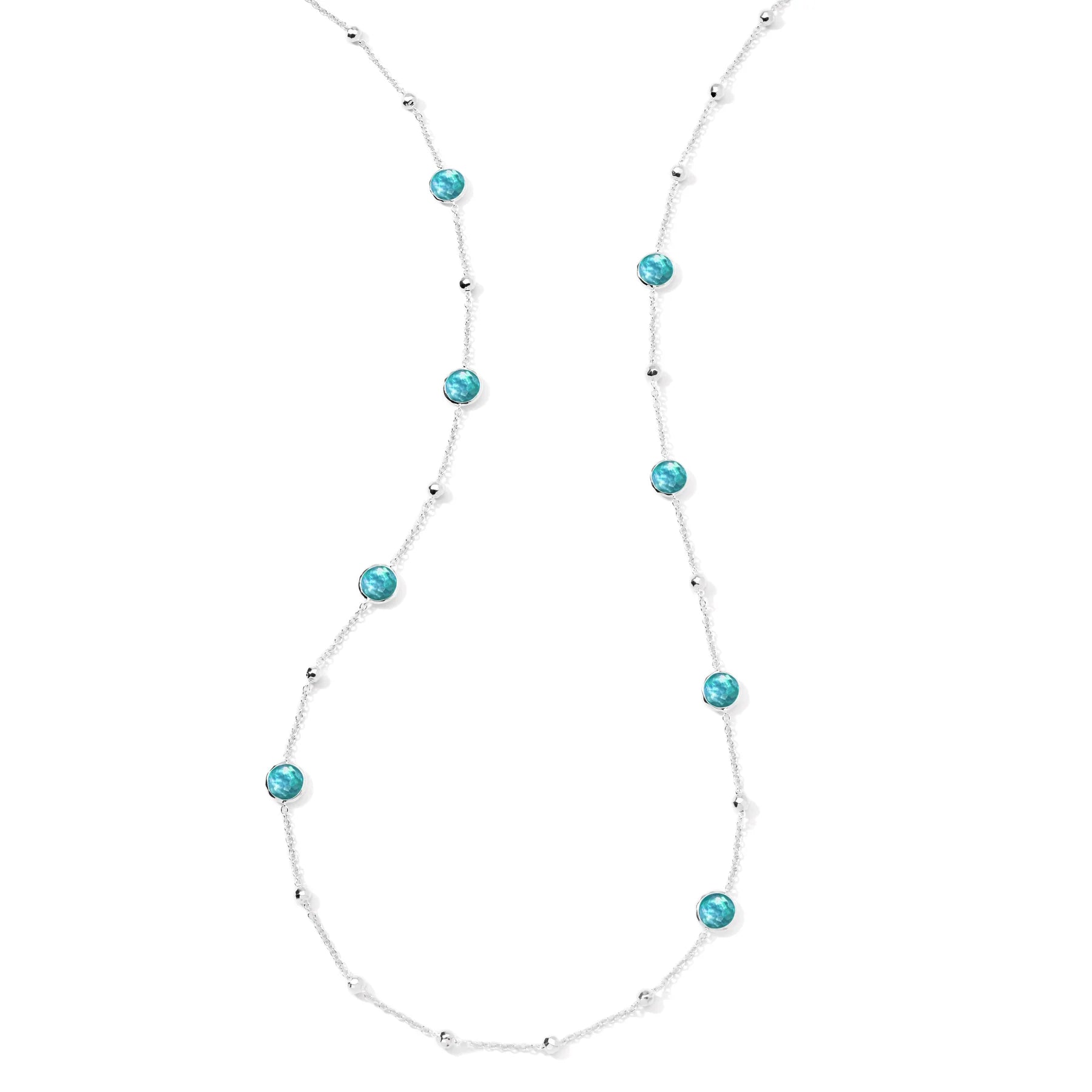 Ball and Stone Station Necklace 925 silver in Rock crystal mop dyed green agate triplet
