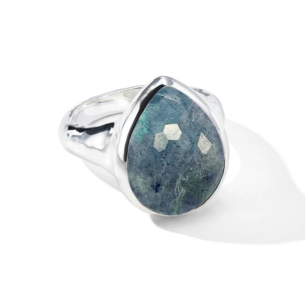 Medium Teardrop Ring 925 silver in Rock crystal and labradorite doublet