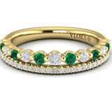 18K Yellow Gold Diamond and Emerald Two Row Ring