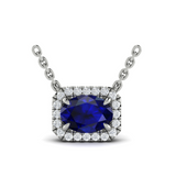 18K White Gold Diamond Cushion Halo & Oval Sapphire Necklace