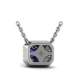 18K White Gold Diamond Cushion Halo & Oval Sapphire Necklace