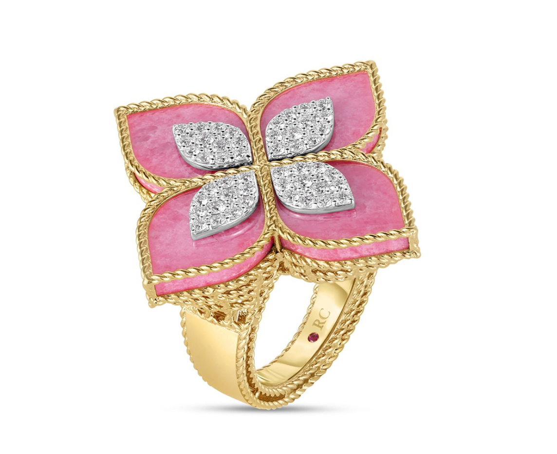18K Yellow and White Gold Venetian Princess Rhodonite and Diamond Ring