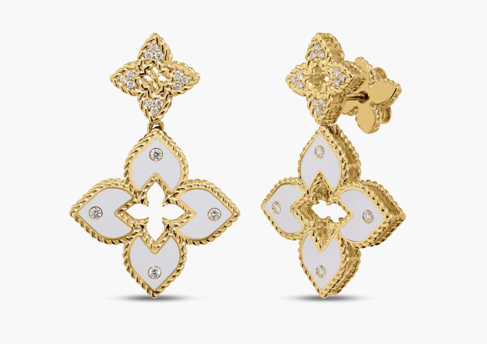 VENETIAN PRINCESS PAVÉ DIAMOND AND ENAMEL DOUBLE FLOWER DROP EARRINGS
