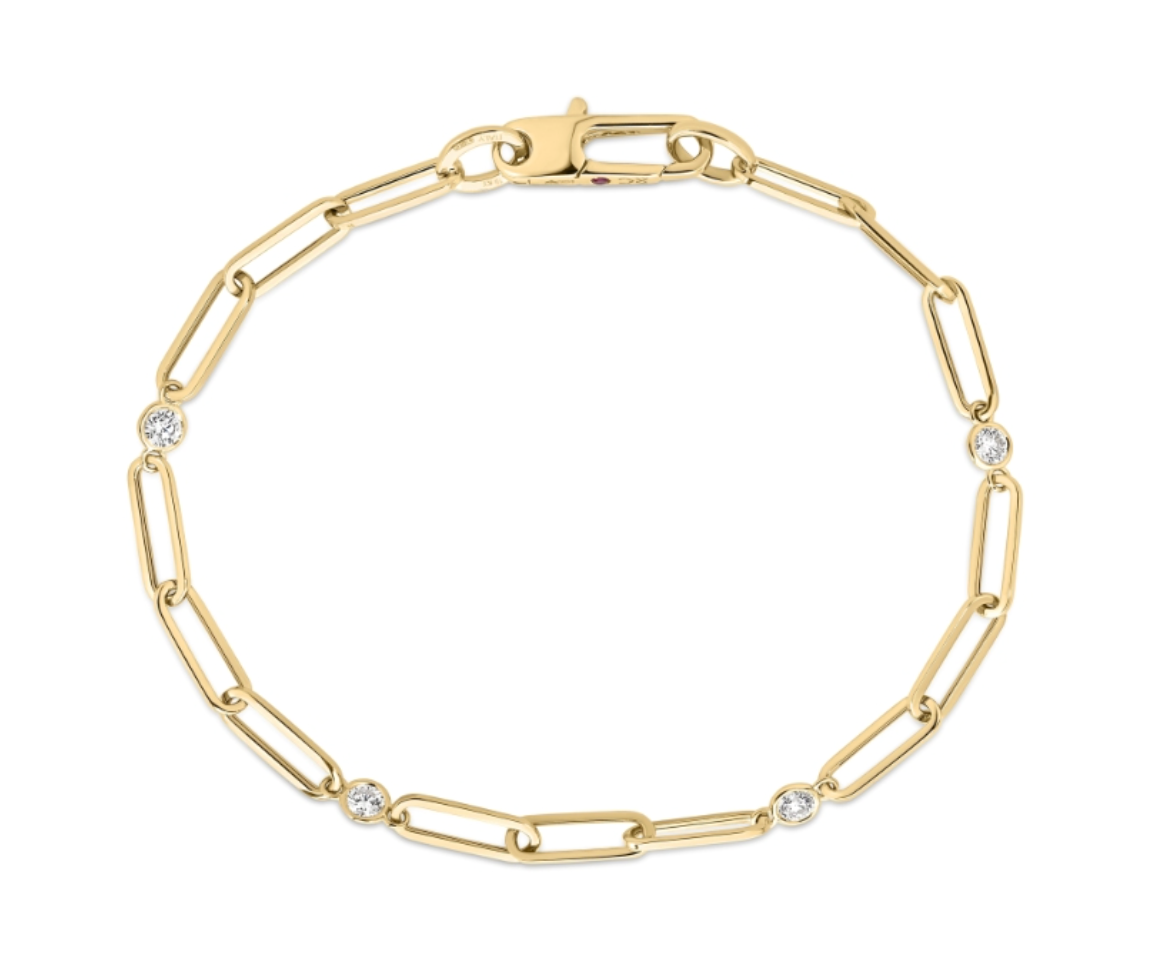 18K Yellow Gold Designer Gold Station And Paperclip Bracelet