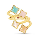 18K Yellow Gold Venetian Princess Carnival Mixed Stones Flower Bypass Ring