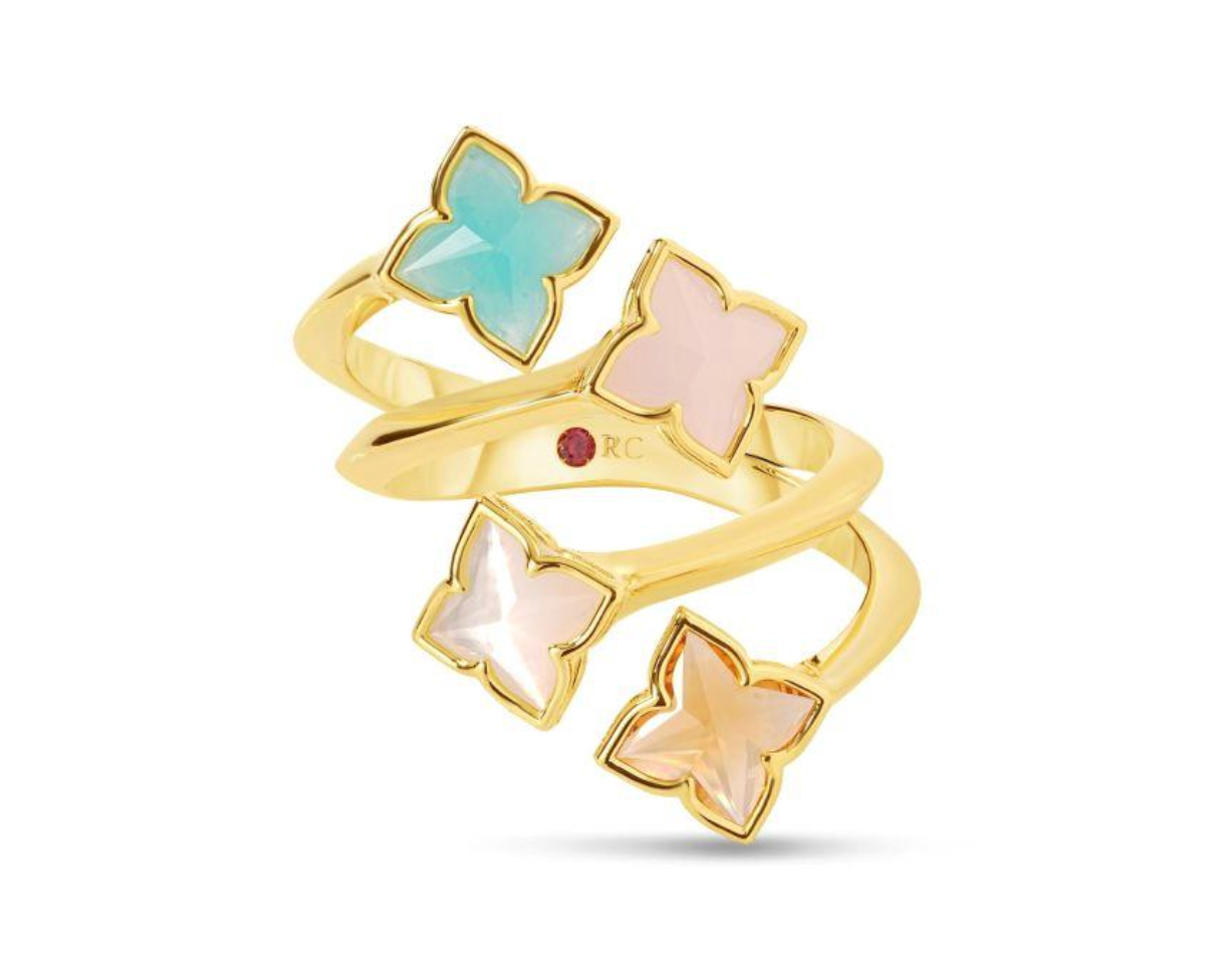 18K Yellow Gold Venetian Princess Carnival Mixed Stones Flower Bypass Ring