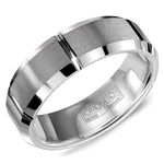 Men’s 7mm Grey Tungsten Torque Wedding Band – Brushed Finish with Beveled Edges & Line Detailing
