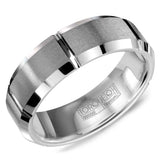 Men’s 7mm Grey Tungsten Torque Wedding Band – Brushed Finish with Beveled Edges and Line Detailing