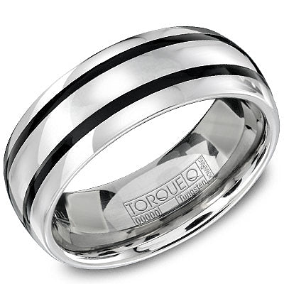 Men’s 8mm Grey Tungsten Torque Wedding Band with Black Enamel Line Detailing