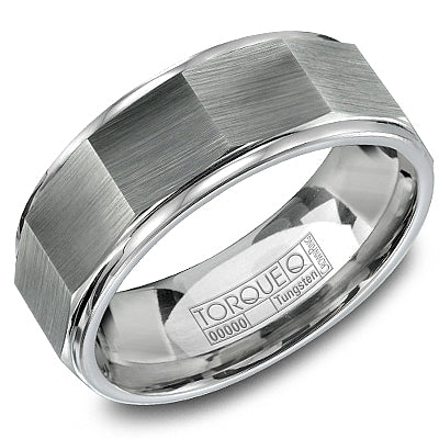 Men’s 8mm Grey Tungsten Torque Wedding Band – Architectural Design with Brushed Finish