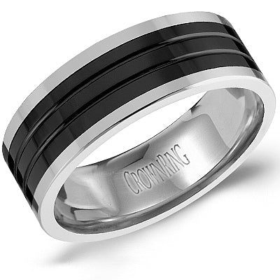Men’s 8mm Tungsten Torque Wedding Band with Black Ceramic Inlay and Line Detailing – Black and Grey