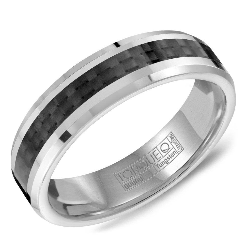 Men’s 6mm Tungsten Torque Wedding Band with Carbon Fiber Inlay – Black and Grey