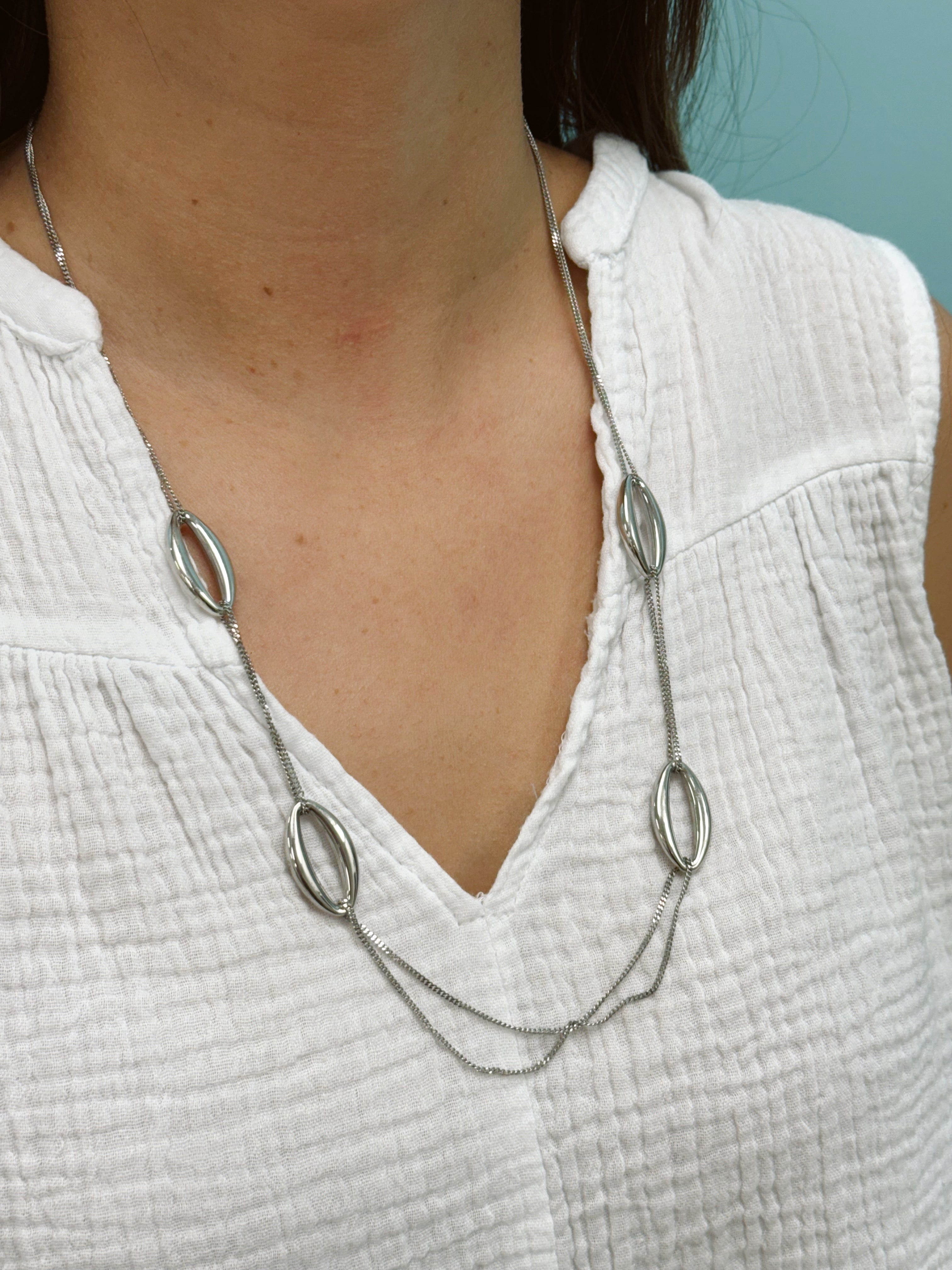 Sterling Silver Double Strand Oval Station Necklace