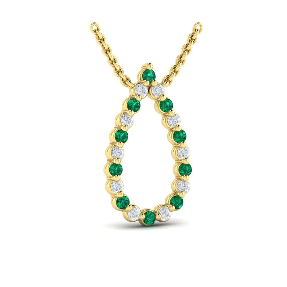 Adella Diamond and Emerald Open Teardrop Pendant Necklace in 18K Yellow Gold
