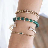 14K GOLD and MALACHITE RONDELLE BEAD BRACELET WITH 2 PRONG DIAMONDS