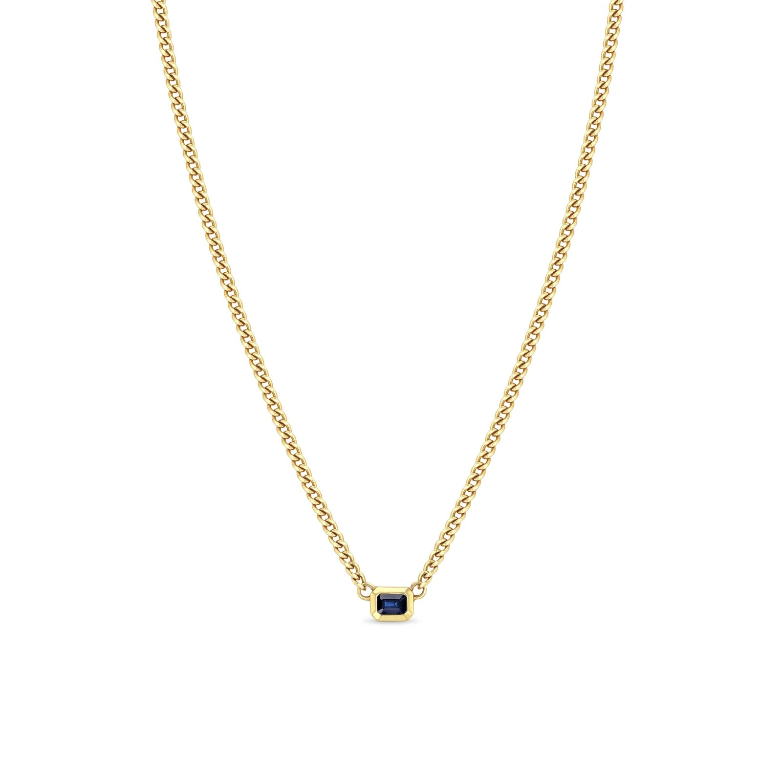 14k Emerald Cut Blue Sapphire Bezel XS Curb Chain Necklace