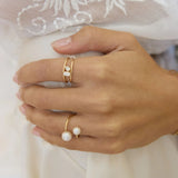 14K PRONG SET EMERALD and PEAR CUT DIAMOND DOUBLE BAND RING