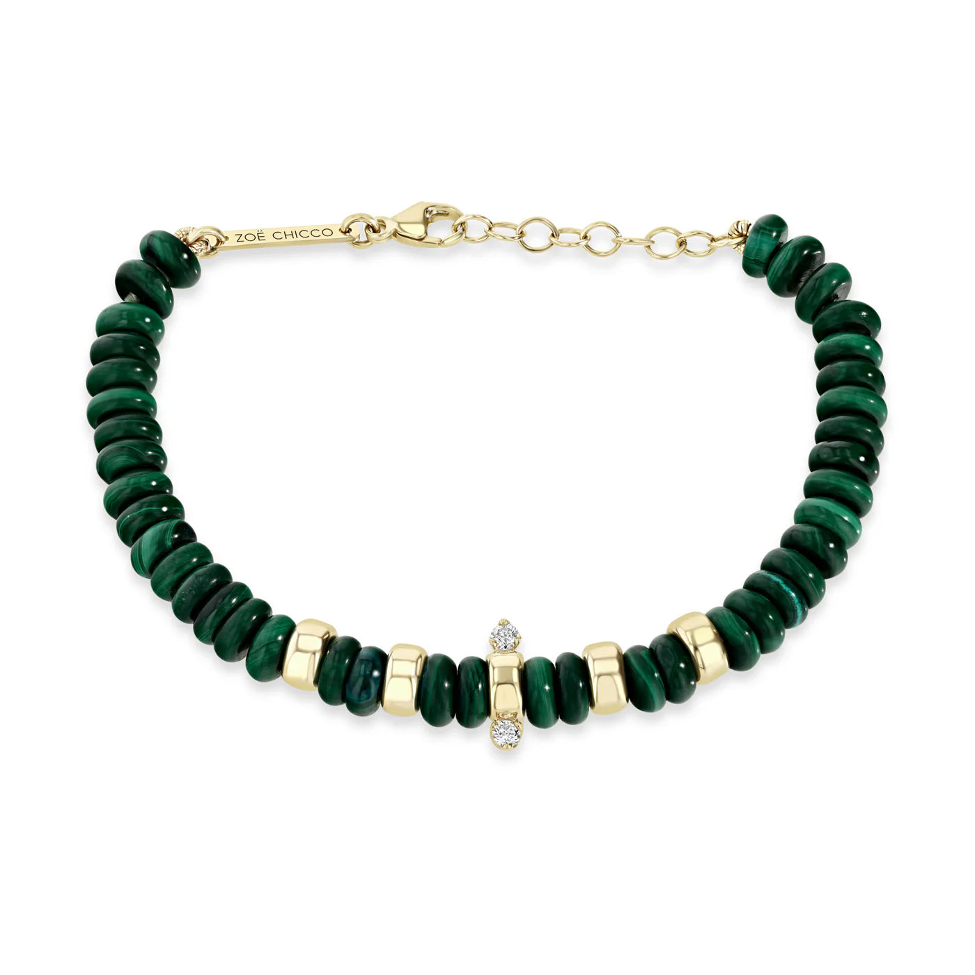 14K GOLD and MALACHITE RONDELLE BEAD BRACELET WITH 2 PRONG DIAMONDS