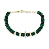 14K GOLD and MALACHITE RONDELLE BEAD BRACELET WITH 2 PRONG DIAMONDS