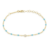 14k Floating Diamond Gold & Turquoise Enamel Tube Bar Chain Bracelet