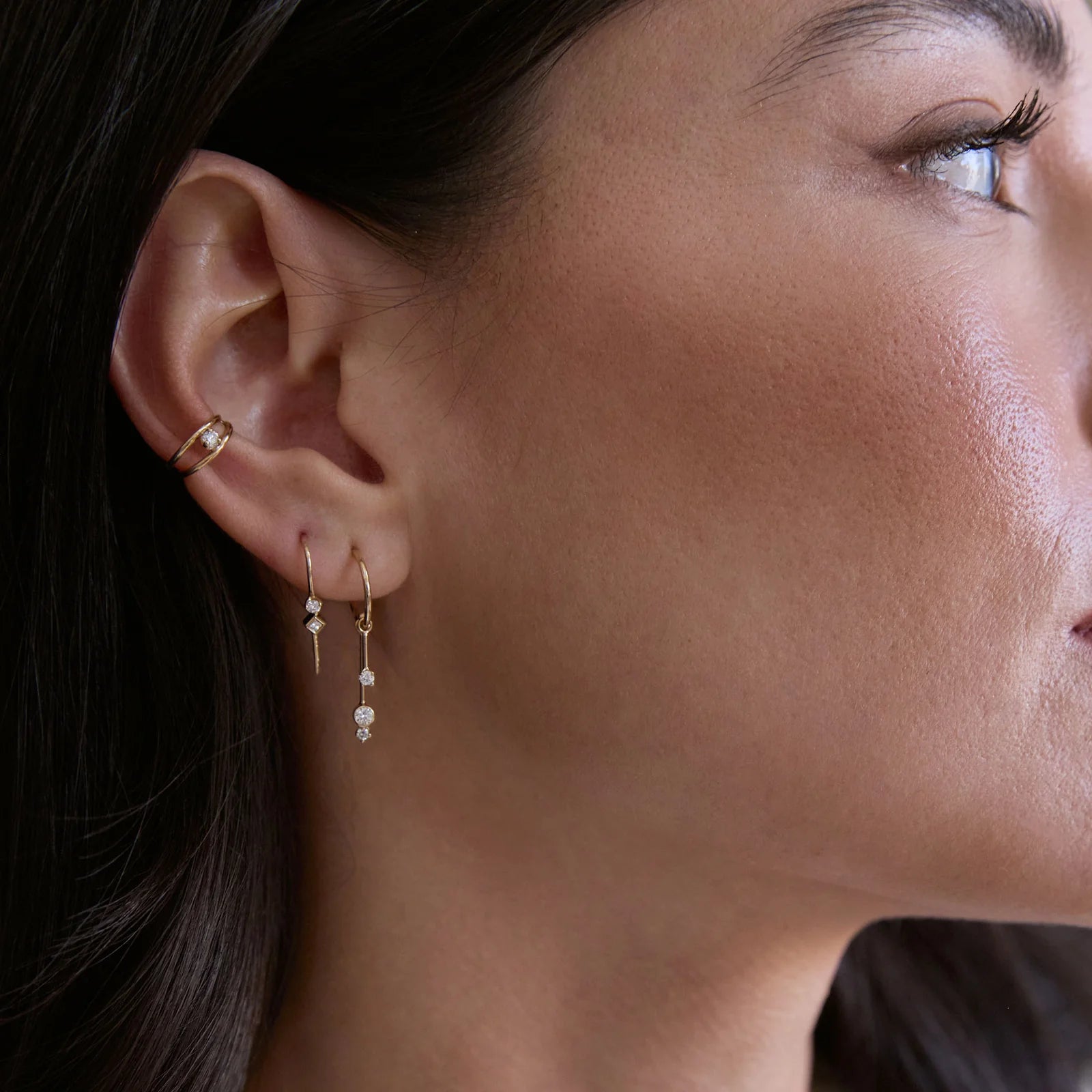 14K DANGLING PRONG and BEZEL DIAMOND BAR HUGGIE HOOPS