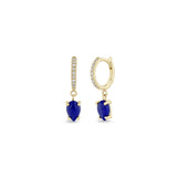 14k Dangling Pear Lapis Small Pavé Diamond Hinge Huggie Hoops