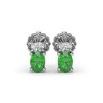 18K White Gold Oval Emerald & Diamond Stud Earrings